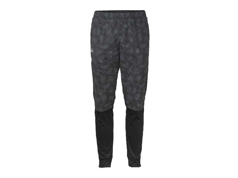 Pantalon de sport noir et gris avec motif, taille élastique et bas de jambe ajustés.
