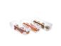 Trois récipients en plastique transparent avec tomates cerises, carottes et kiwis.