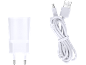 Chargeur mural blanc avec prise européenne et câble USB-A vers micro-USB.