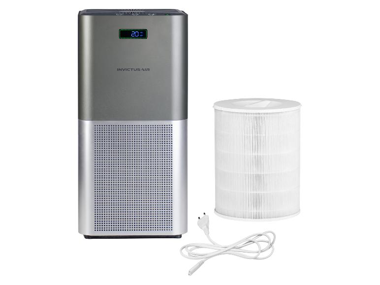 Purificateur d'air gris Invictus Air avec écran numérique, filtre de rechange et câble d'alimentation.