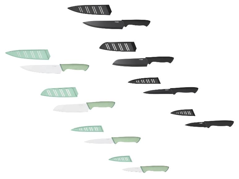 Couteaux de cuisine noirs et vert clair avec étuis de différentes tailles.
