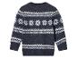 Un pull gris foncé avec des flocons de neige blancs et un motif en zigzag.