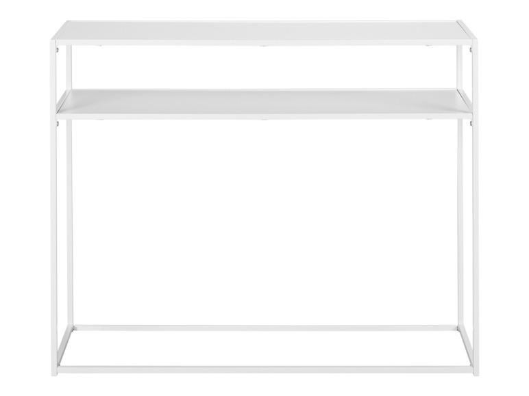 Une console en métal blanc avec deux étagères.
