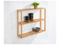 Une étagère murale en bois avec deux tablettes, sur lesquelles se trouvent deux bocaux en verre avec des étiquettes WENKO, un bol et une plante.