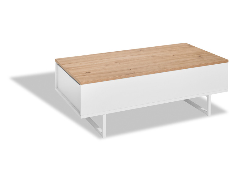 Une table basse blanche avec un plateau en bois.