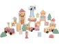 Ensemble de blocs de construction en bois avec véhicules et bâtiments pastel.
