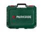 Mallette à outils verte PARKSIDE avec poignée noire et loquets rouges.