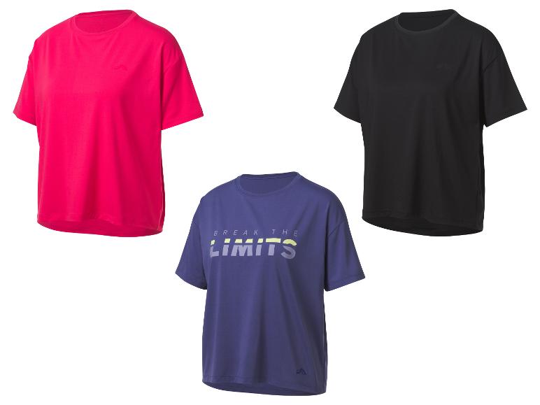 Trois t-shirts de sport, un avec l'impression 'Break the Limits', un rose et un noir.