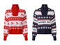 Deux pulls en maille avec un motif hivernal, dont un rouge avec des skieurs et un bleu avec 'après-ski'.