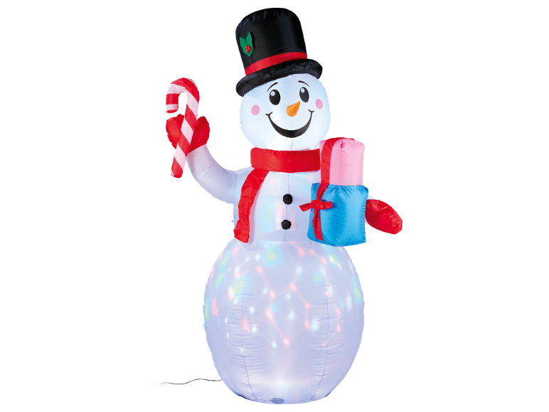 Bonhomme de neige gonflable de Noël avec canne à sucre et cadeau, éclairé de l'intérieur.
