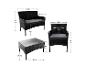 Ensemble de mobilier de jardin en rotin noir avec dimensions : canapé deux places, fauteuil et table basse.