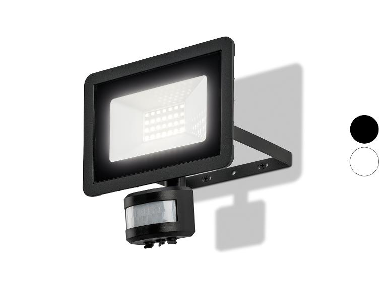 Projecteur LED noir avec détecteur de mouvement et options de couleur blanc et noir.