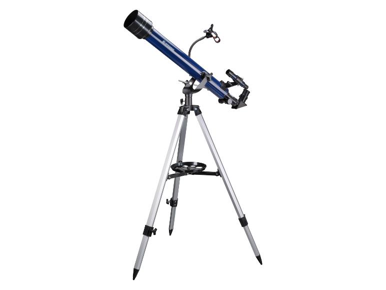 Un télescope bleu sur un trépied.