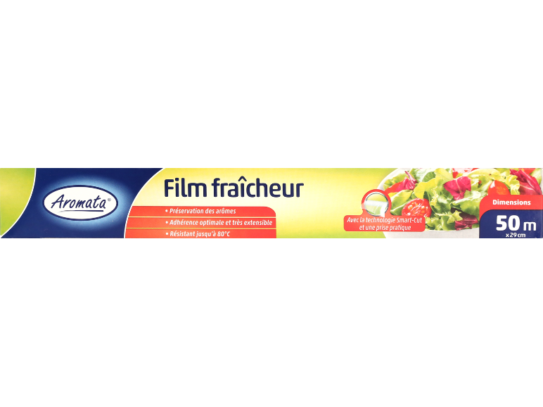 Film fraîcheur avec technologie Smart-Cut, 50m x 29cm, pour la préservation des arômes et adhérence optimale.