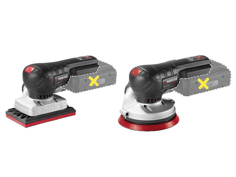 Deux ponceuses sans fil Parkside Performance, une vibrante et une excentrique, sans batterie.