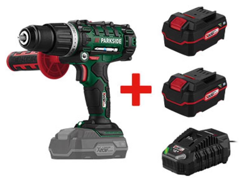 Perceuse-visseuse Parkside avec deux batteries et chargeur.