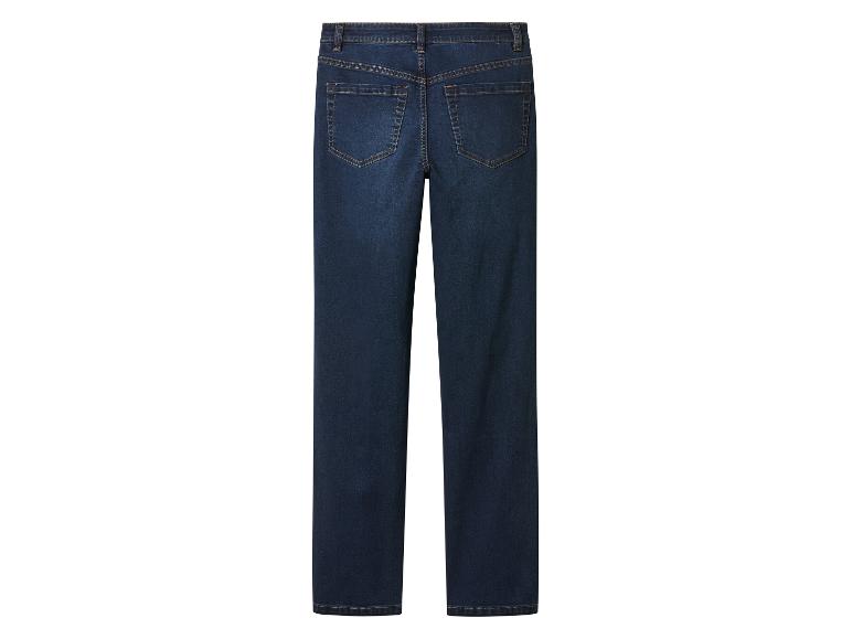 Jean denim bleu foncé à coupe droite avec poches arrière.