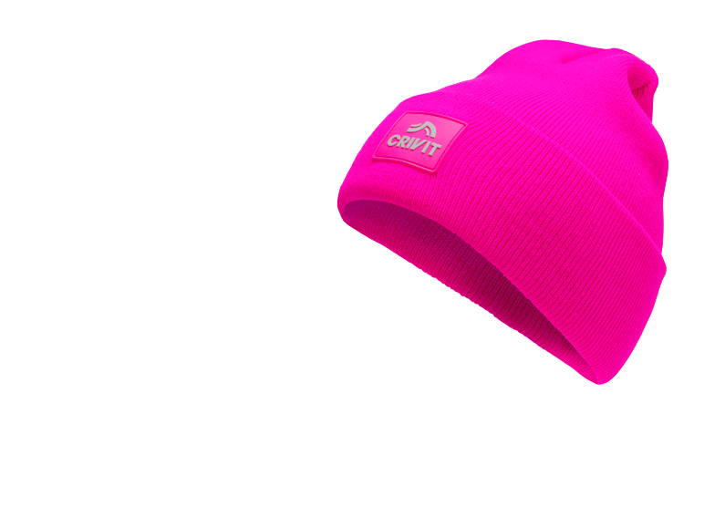 Bonnet tricoté rose vif avec un patch logo carré gris