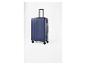 Valise bleue à quatre roues avec poignée télescopique étendue.