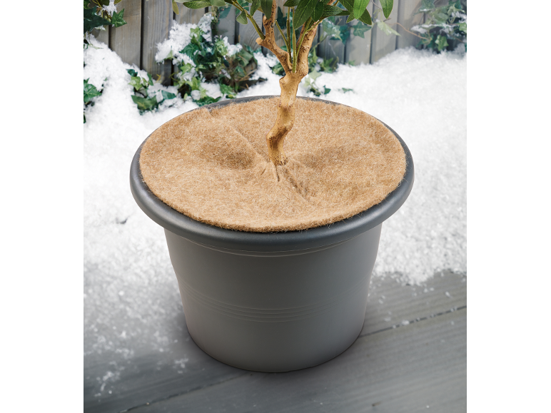 Pot de fleurs avec plante et tapis de coco sur fond de jardin enneigé.