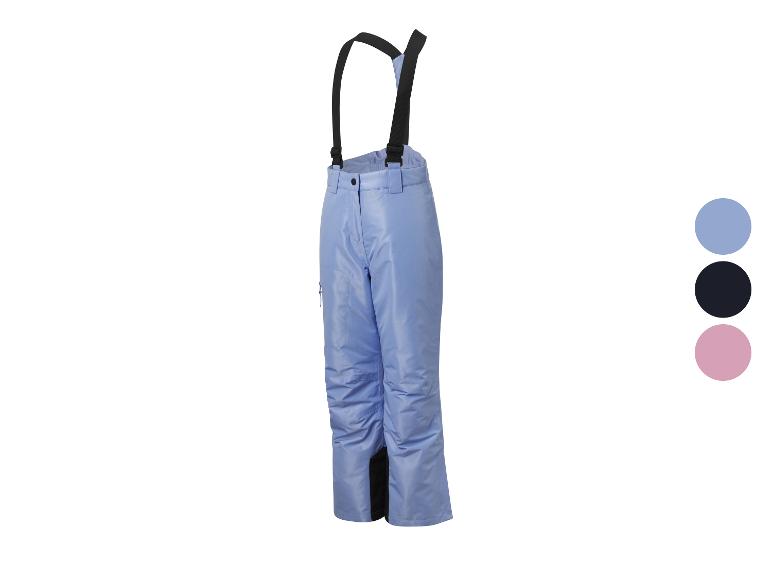 Pantalon de ski bleu clair avec bretelles noires et échantillons de couleurs.