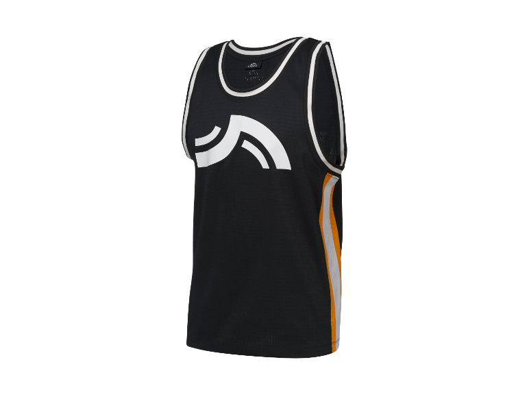 Débardeur de basket noir Crivit avec des détails blancs et orange.