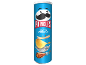 Boîte de chips bleue avec moustache, texte 'SALT & VINEGAR' et chips.