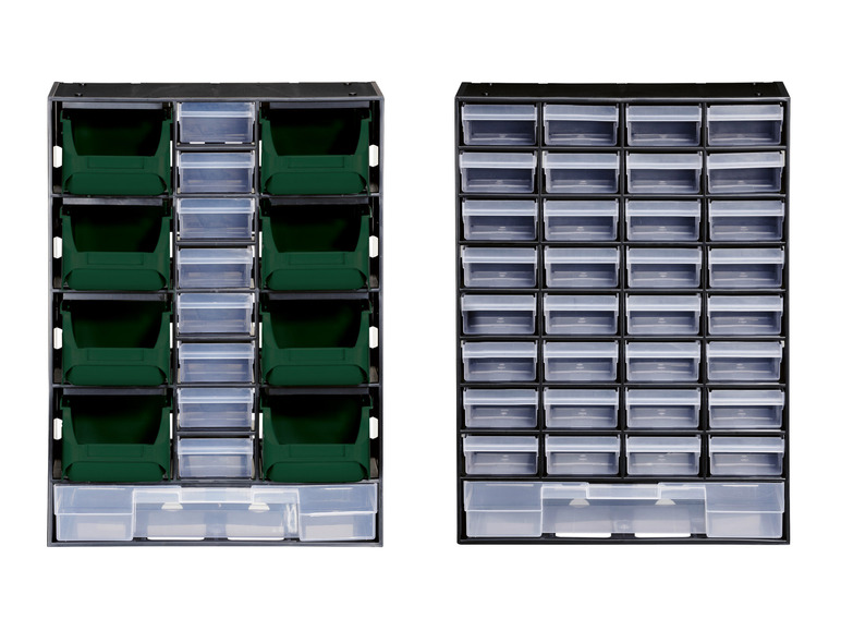 Deux boîtes de rangement noires avec des tiroirs verts et transparents.