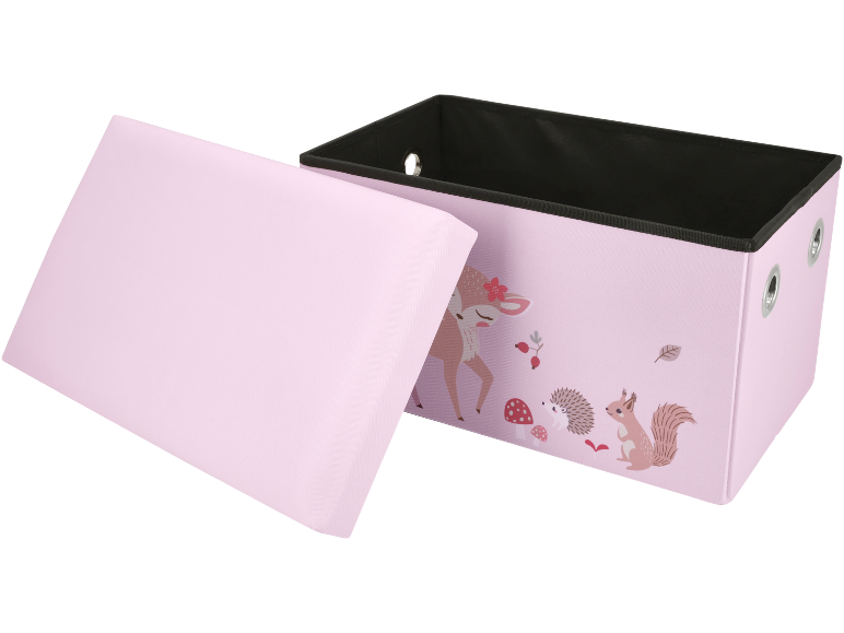Boîte de rangement rose avec couvercle et motif d'animaux de la forêt.