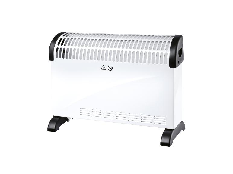 Radiateur électrique blanc avec grille supérieure et pieds noirs.