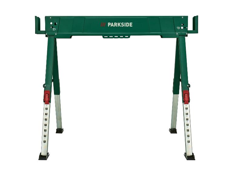 Tréteau vert PARKSIDE avec pieds réglables et mécanismes de verrouillage rouges.
