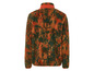 Une veste en polaire orange et verte avec un motif camouflage.