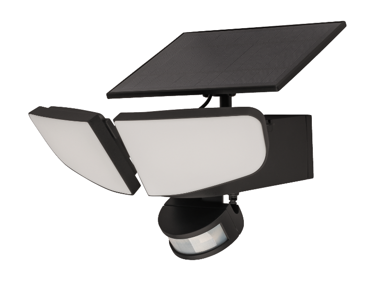 Un éclairage solaire LED à double tête avec détecteur de mouvement.