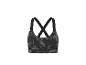 Soutien-gorge de sport noir et gris à motif abstrait avec bretelles croisées.