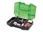 Boîtier ouvert vert et noir avec divers accessoires pour outils rotatifs comme des forets, des pierres à meuler, des brosses métalliques, des bandes de ponçage et des tampons de polissage.
