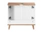 Une armoire de salle de bain blanche avec un plateau et des pieds en bois, ouverte.