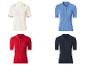 Quatre polos en maille côtelée en blanc, bleu, rouge et bleu marine.