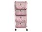 Étagère rose à quatre tiroirs avec motif d'animaux de la forêt, sur roulettes.