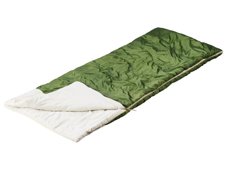 Sac de couchage vert avec intérieur crème, partiellement dézippé et ouvert.