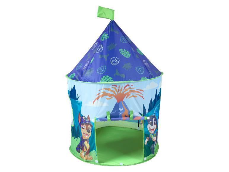 Tente de jeu pour enfants avec des personnages de dessin animé et un thème de jungle volcanique.