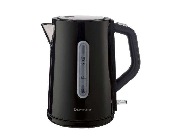 Bouilloire électrique noire avec indicateur de niveau d'eau et poignée ergonomique.