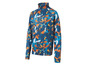 Un pull bleu à manches longues avec un motif abstrait.