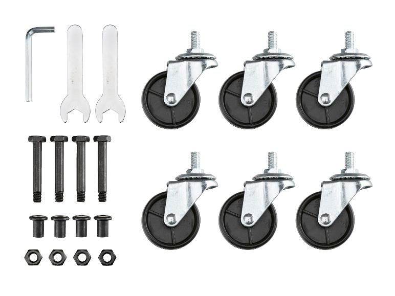 Ensemble de roulettes pivotantes, boulons, écrous et clés pour l'assemblage.