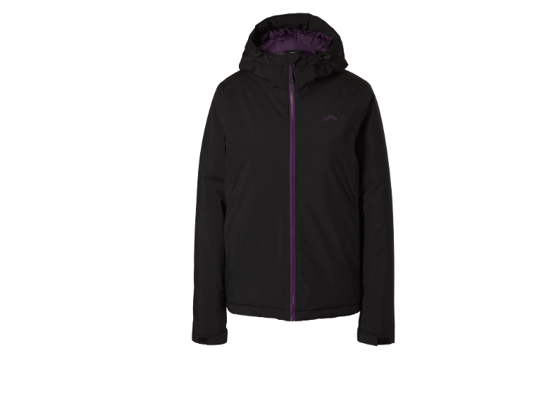 Veste d'hiver noire avec fermeture éclair violette et capuche.
