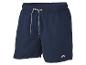 Short de bain homme bleu foncé avec taille élastique et cordon de serrage blanc.