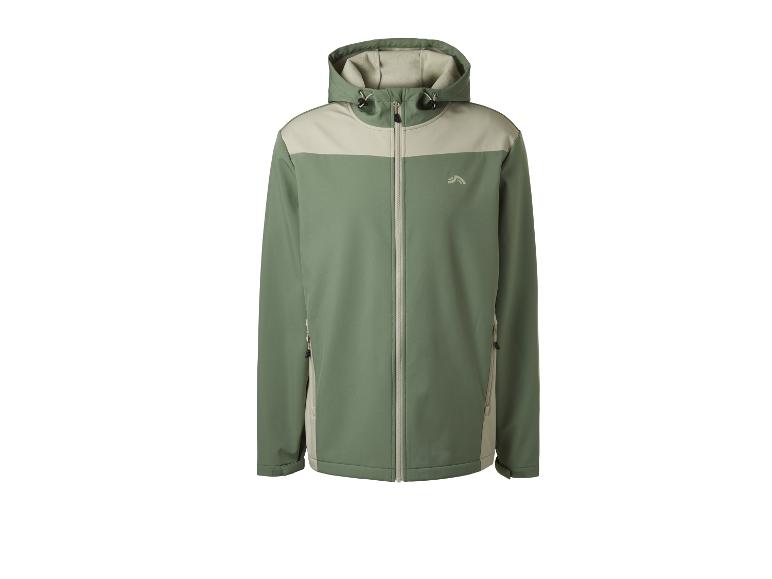 Veste softshell verte pour homme avec empiècements beiges et capuche.
