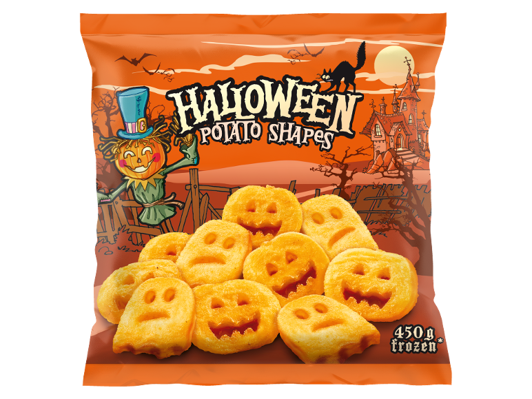 Formes de pommes de terre d'Halloween, citrouilles et fantômes, sur fond orange festif.