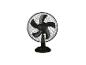 Ventilateur noir sur pied avec grille de protection.