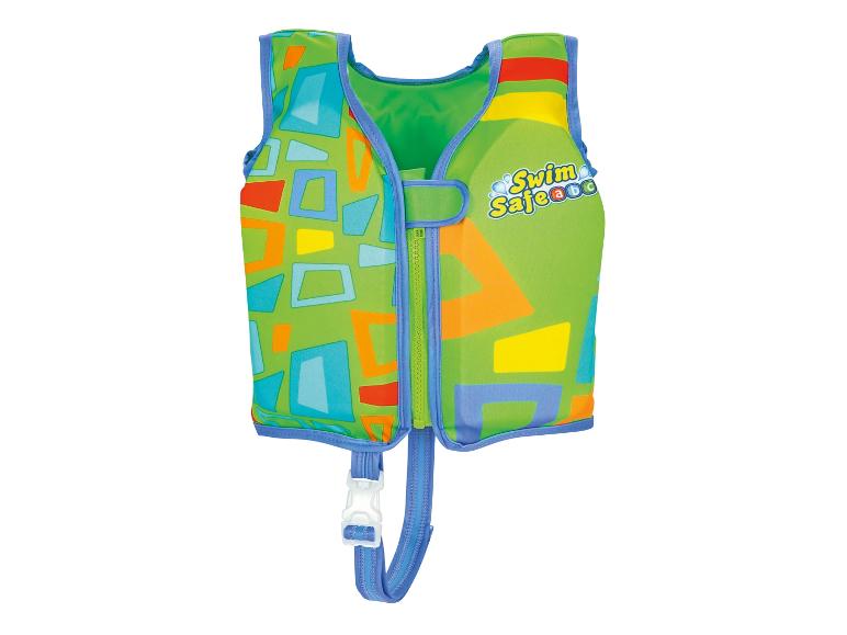 Gilet de natation vert pour enfant avec motif géométrique coloré et fermeture éclair.