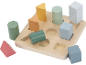Jeu d'encastrement en bois avec des formes géométriques colorées.